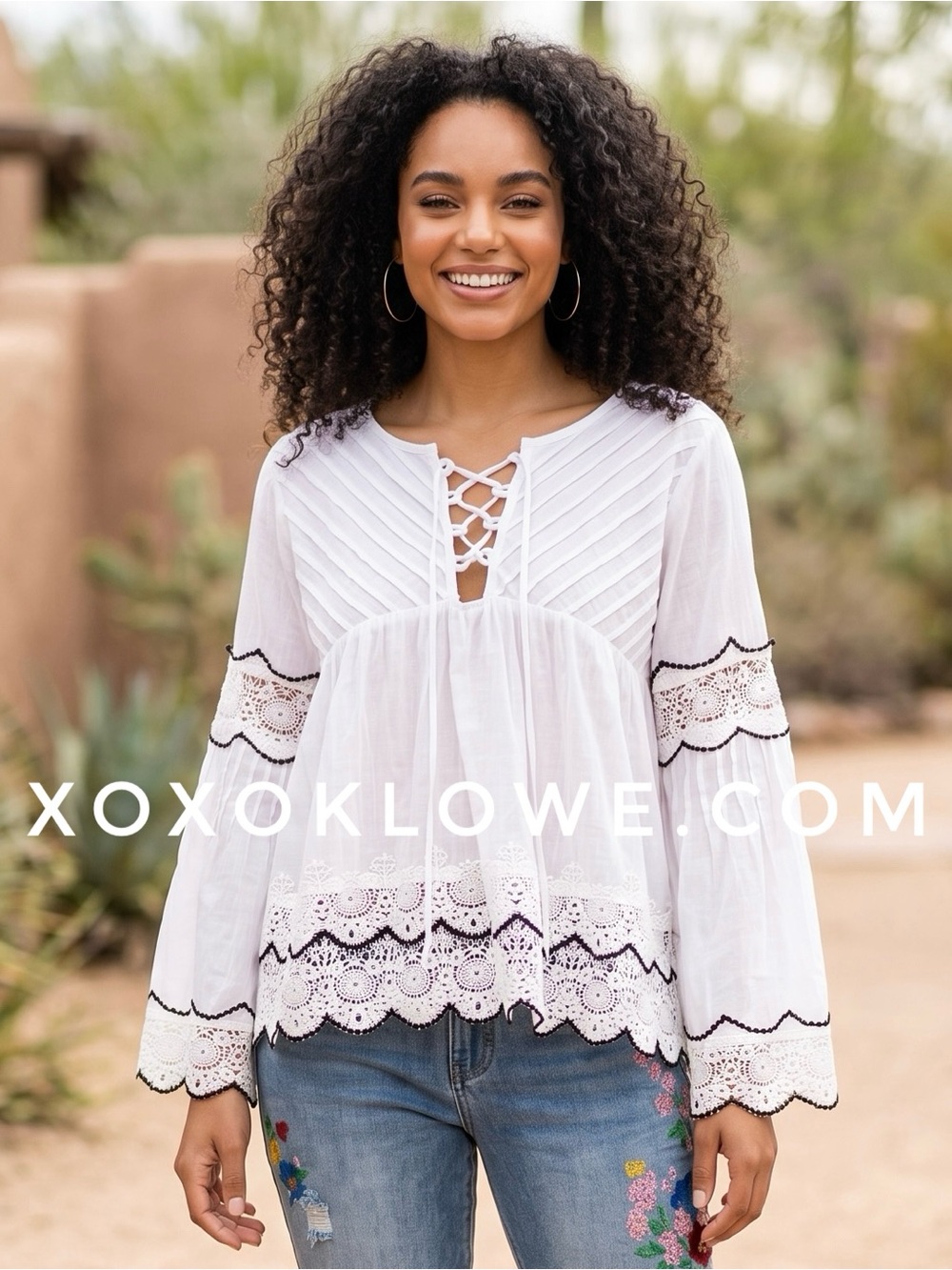 POL Ivory Lace Trim Babydoll Top | Bell Sleeve Flowy Peasant Blouse